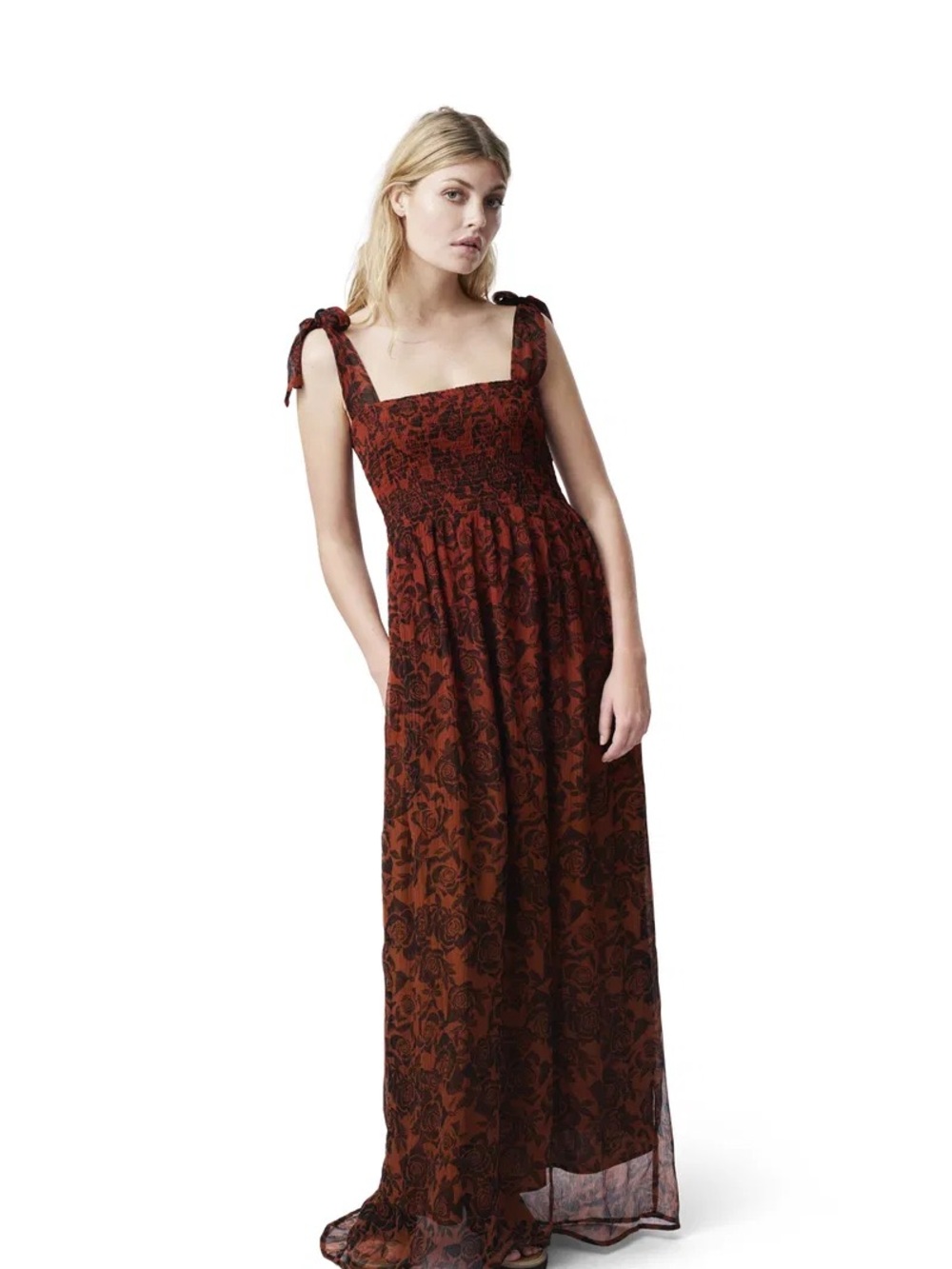 Ganni Beaumont Tie-Shoulder Floral Maxi Dress